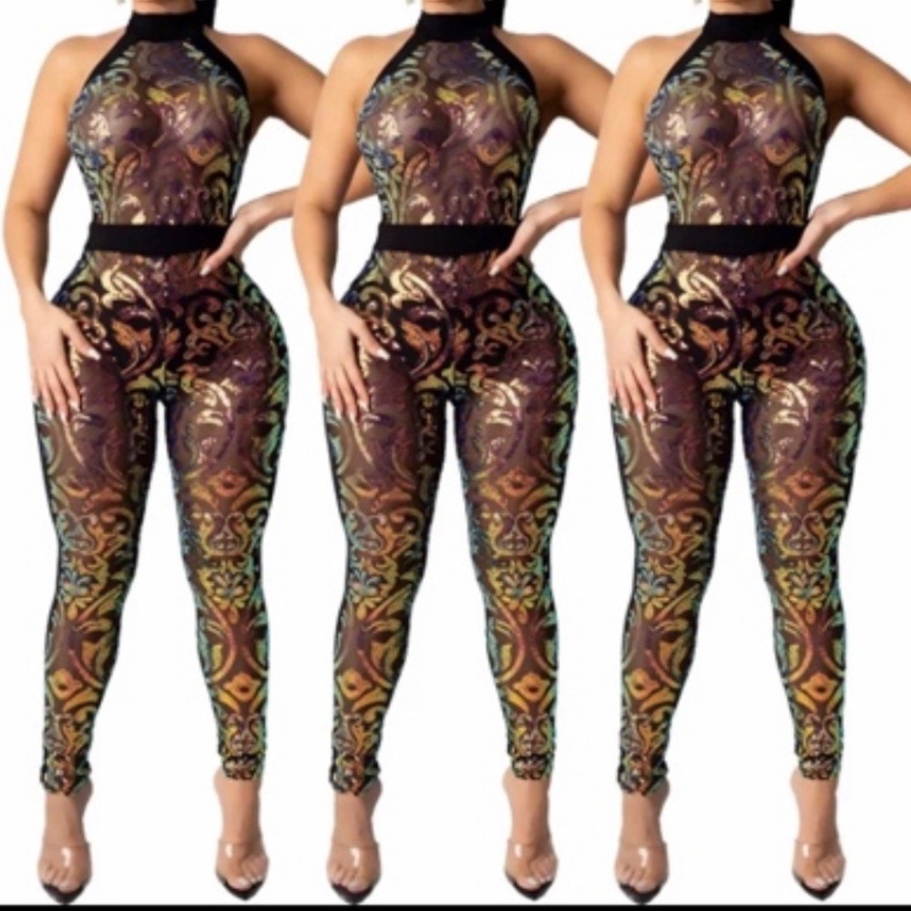 Glittery Golden Sequin Sheer Bodycon Jumpsuit